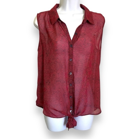 Xhilaration Red Sheer Geometric Print Sleeveless Collard Blouse Heart Cutouts - Picture 2 of 6